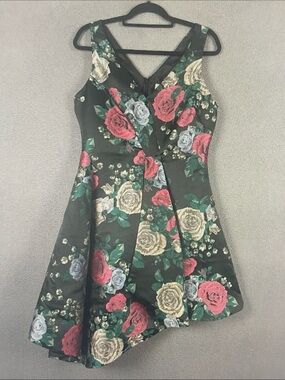 Tahari ASL Black Floral V-Neck Fit & Flare Mini Dress